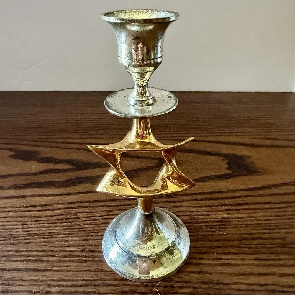 Vintage Karshi Hanukkah Candlesticks Shabbat David Star 24K Gold Plated Set Of 2